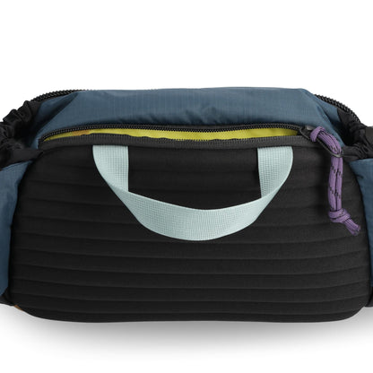 General Detail shot of Topo Designs Mountain Hydro Hip Pack in "Pond Blue / Spice"
