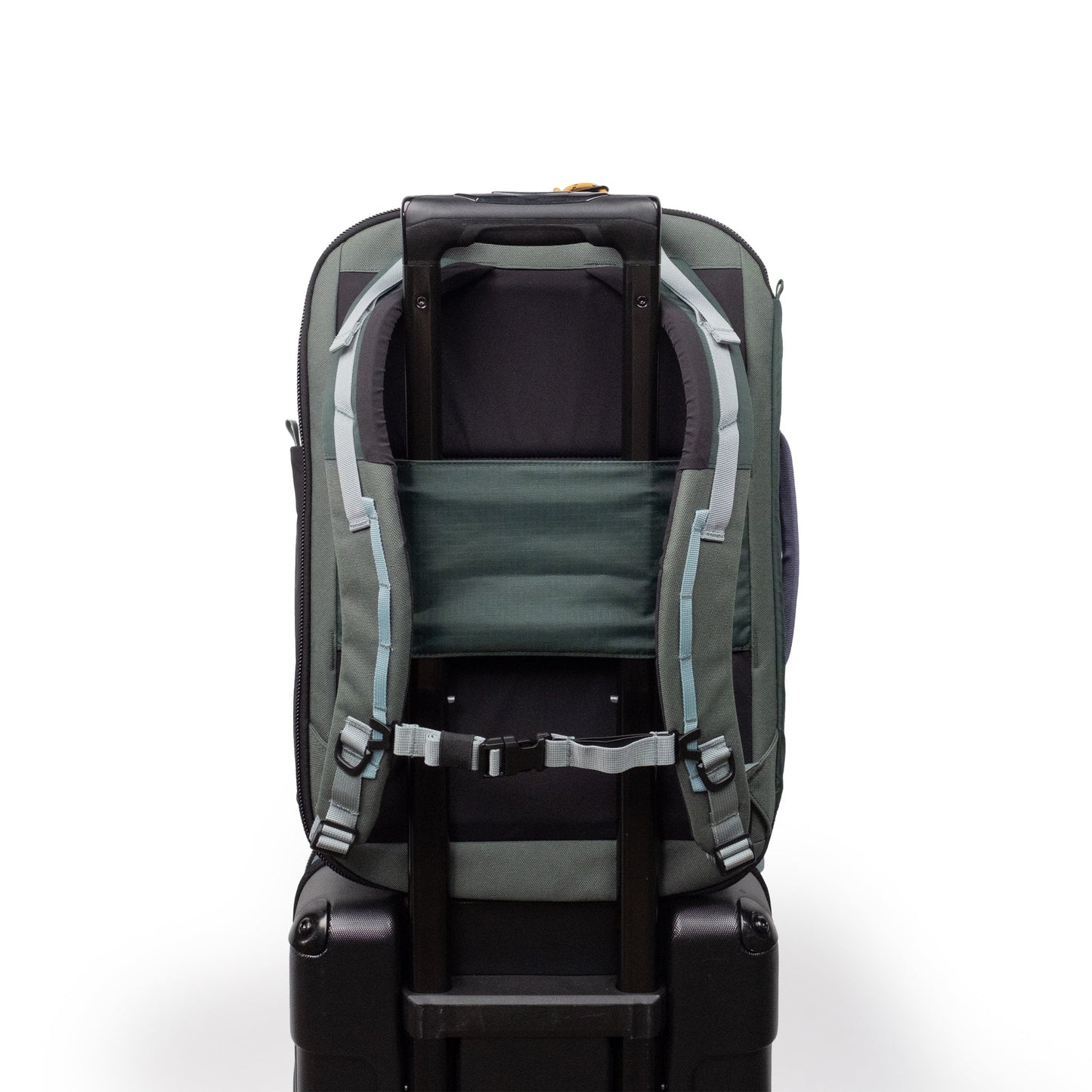 General Detail shot of Topo Designs Global Travel Backpack in "Stone Blue / Forest"