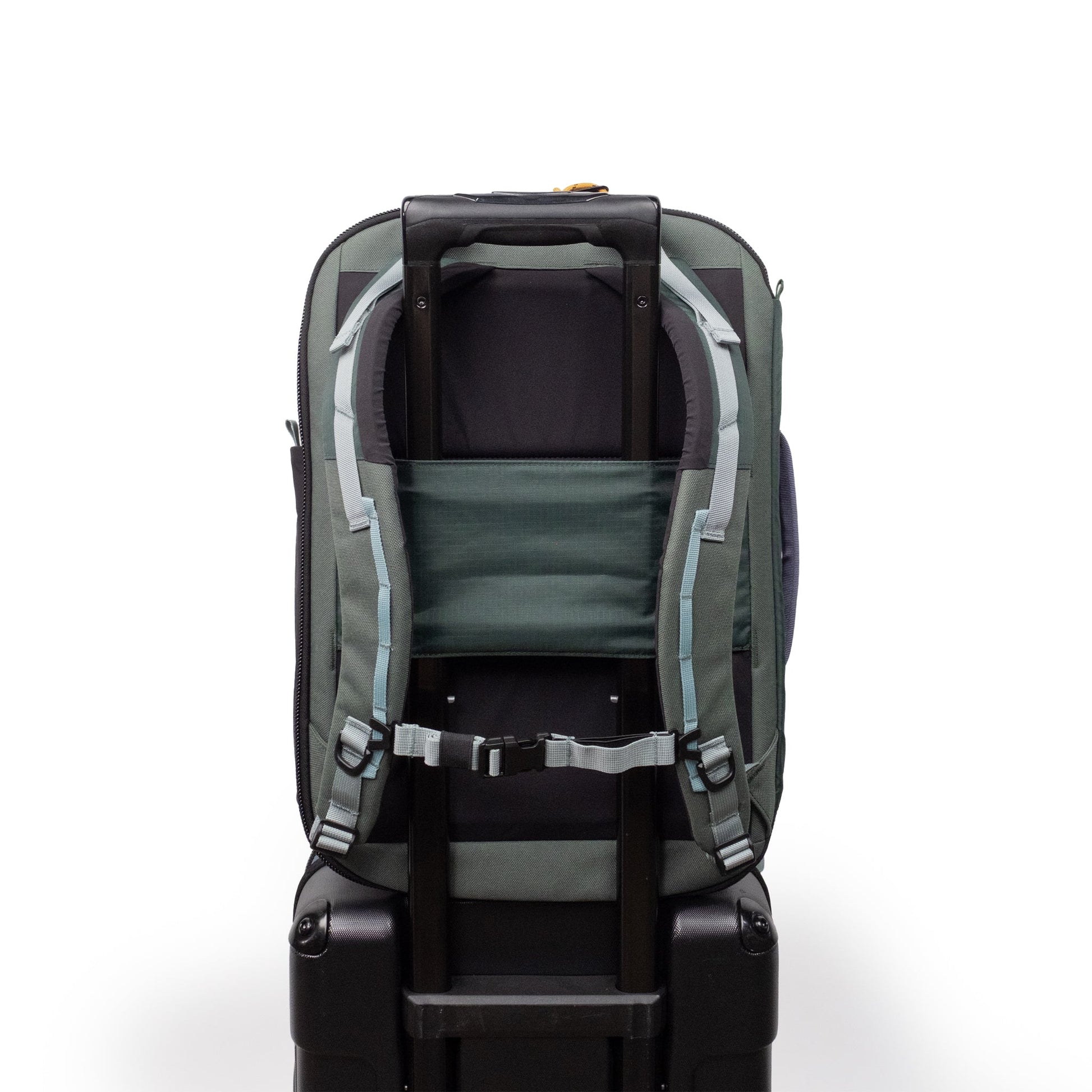 General Detail shot of Topo Designs Global Travel Backpack in "Stone Blue / Forest"