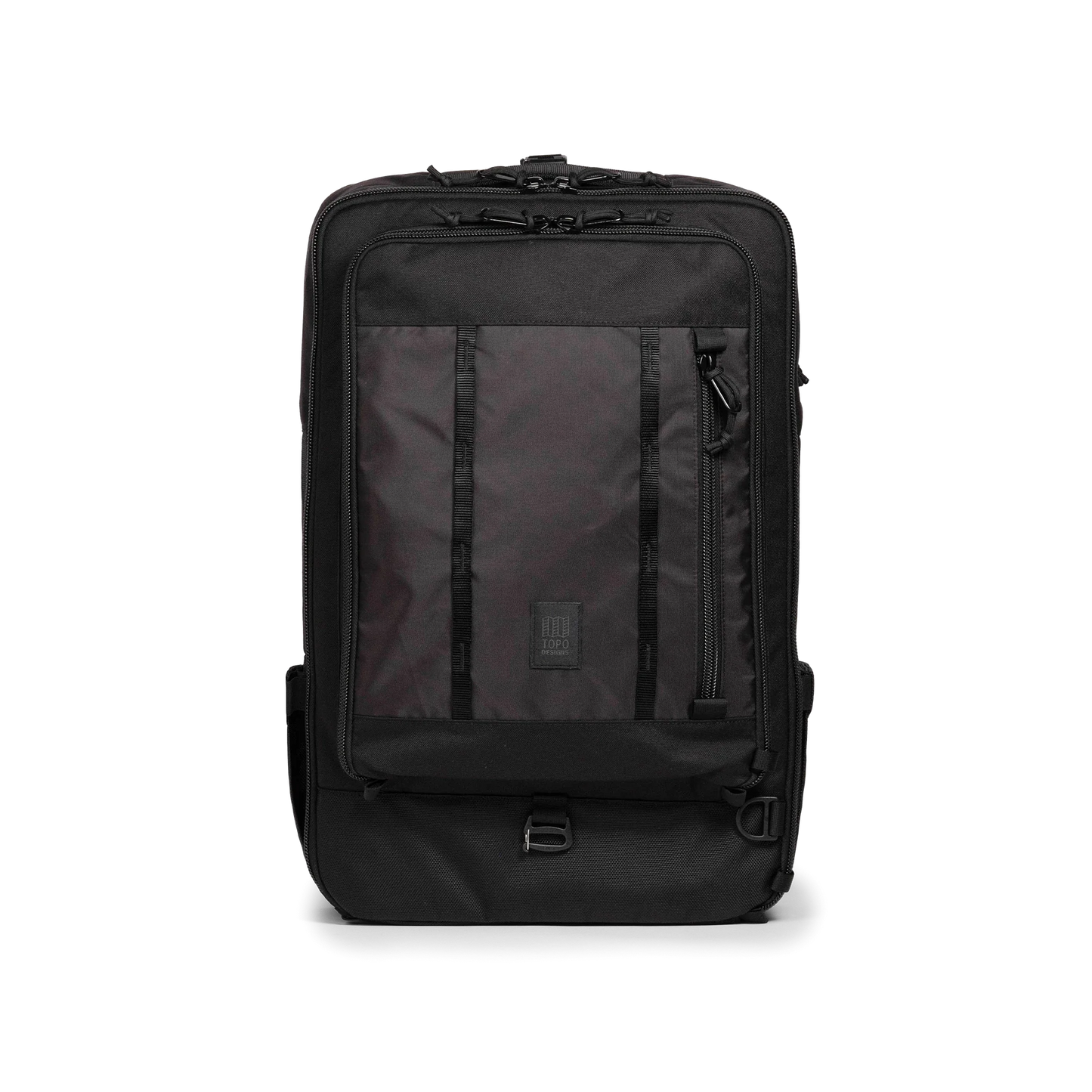 Front view of Topo Designs Global Travel Bag 40L in "Black / Black"