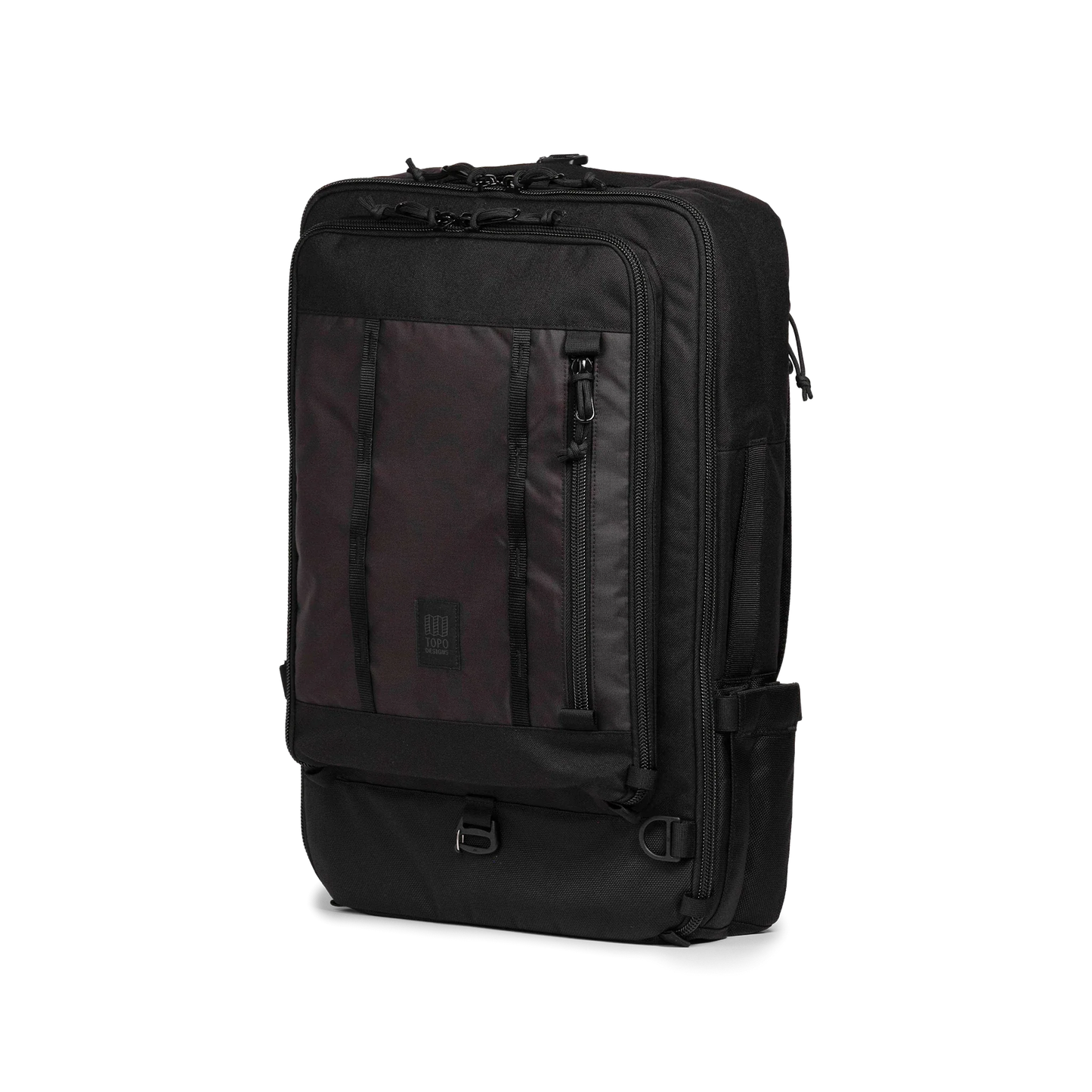 Front quarter view of Topo Designs Global Travel Bag 40L in "Black / Black"