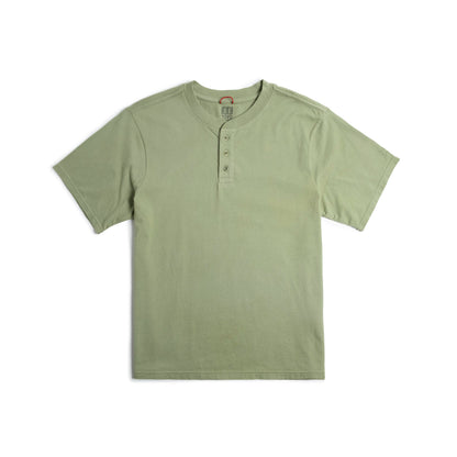 Front flat lay photo on white background of Topo Designs Dirt Henley Short Sleeve - Men's in "Oil Green"