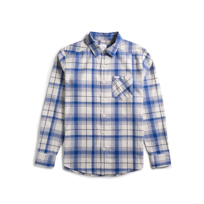 Front shot of Topo Designs Mountain Shirt Lightweight - Men's in "French Blue / Bone White Multi"
