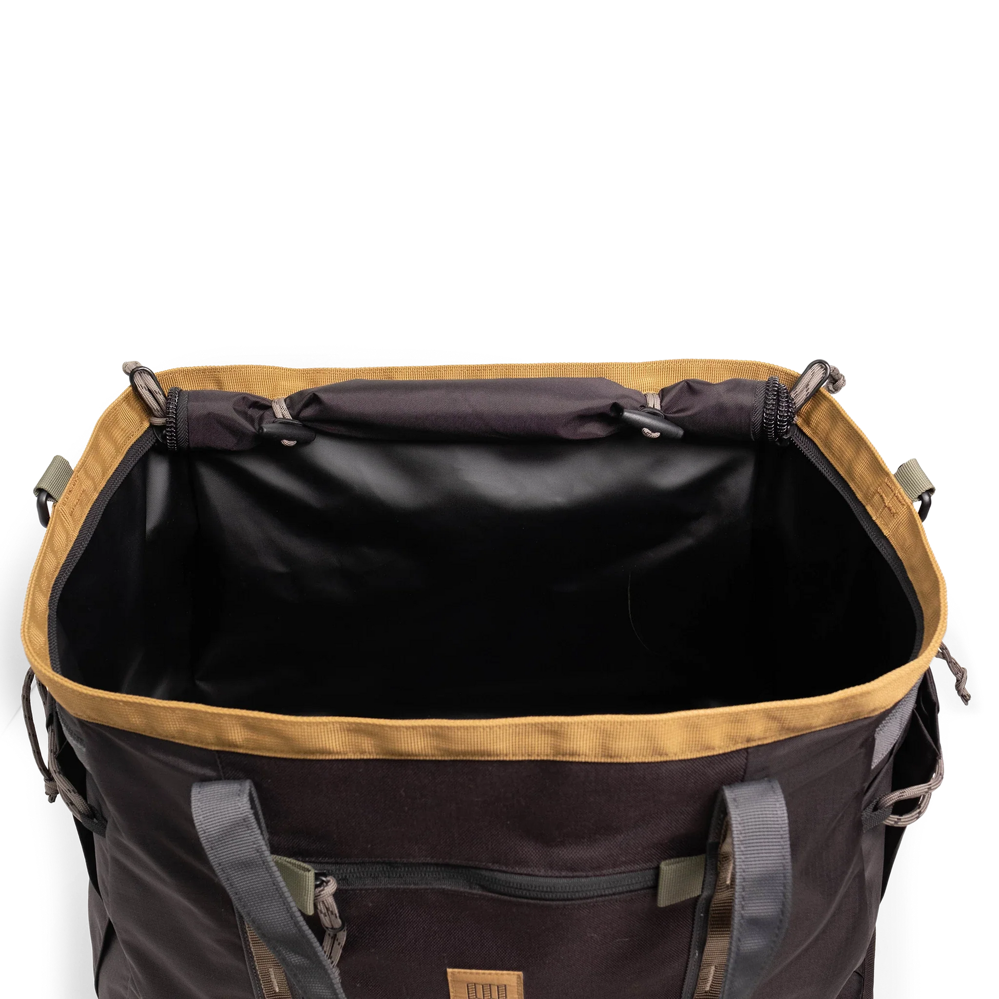 General Detail shot of Topo Designs Mountain Gear Bag opening in "Black / Neutral".
