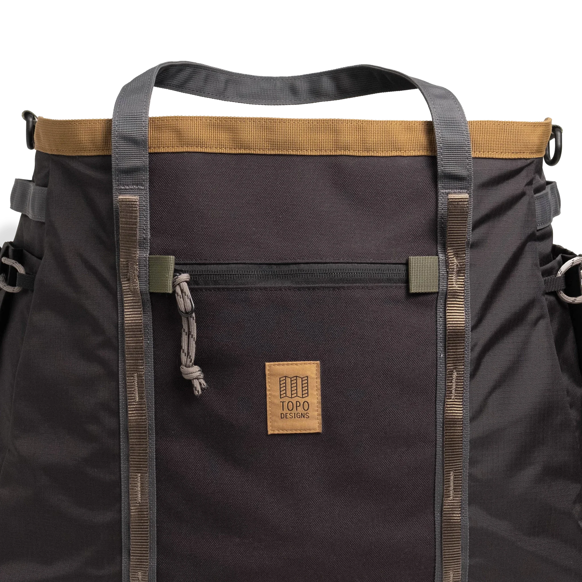 General detail shot of Topo Designs Mountain Gear Bag in "Black / Neutral" showing front of bag.