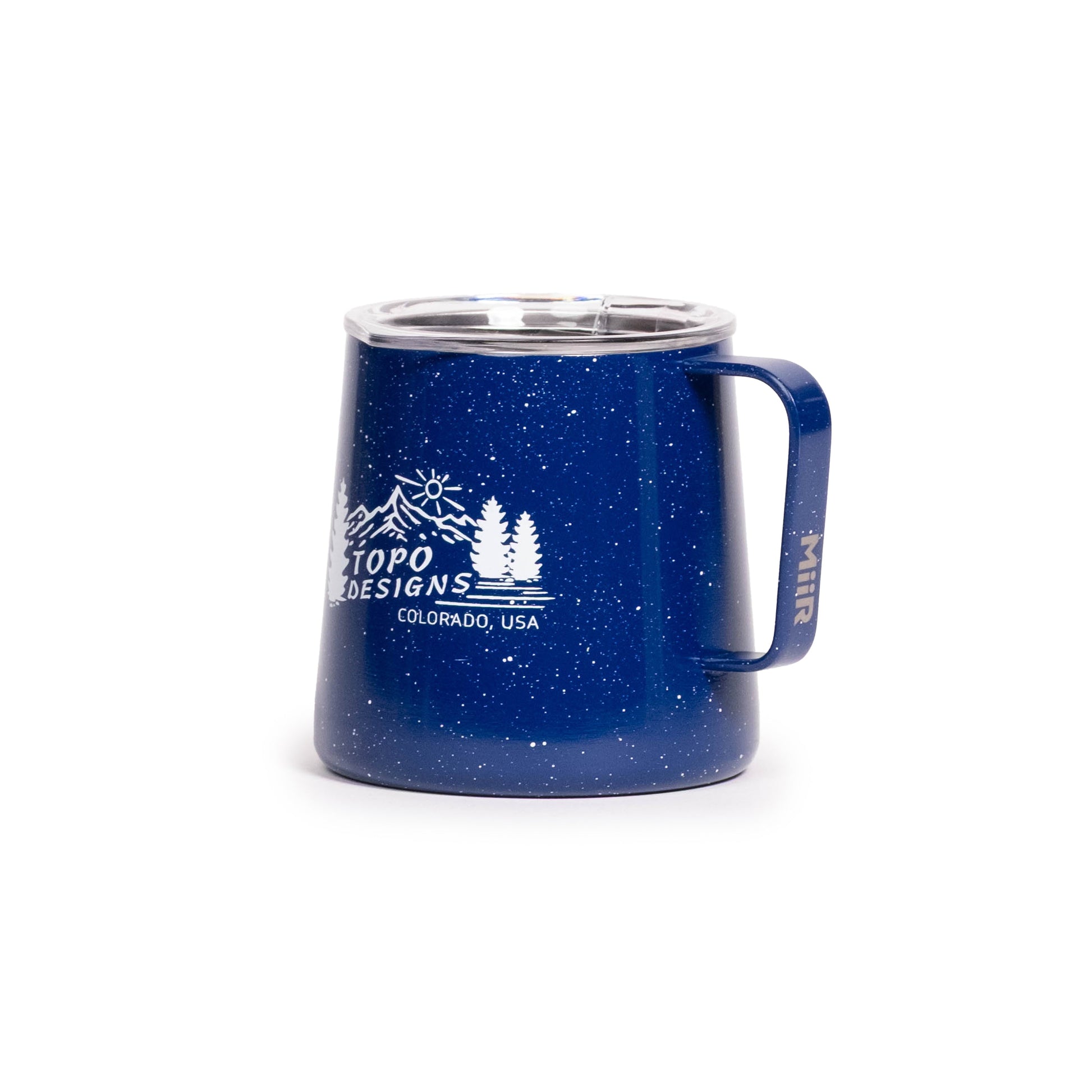 Front quarter white background image of Topo Designs x MiiR Grounded Camp Cup in "Blue Speckle"