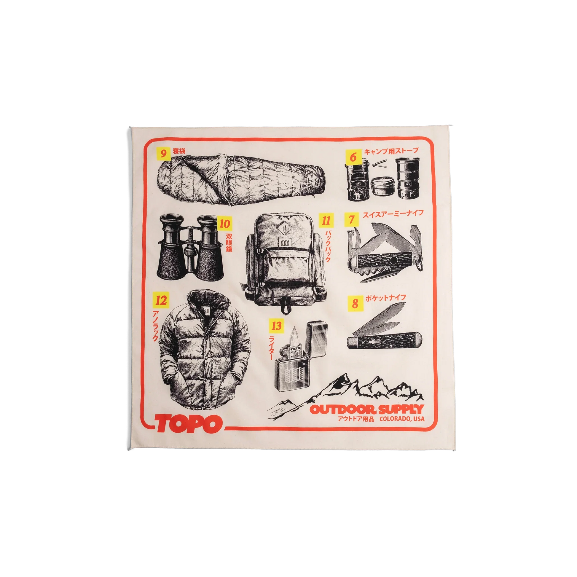Front flay lay image of Topo Designs x Pine Printshop Catalog Bandana in "Natural"