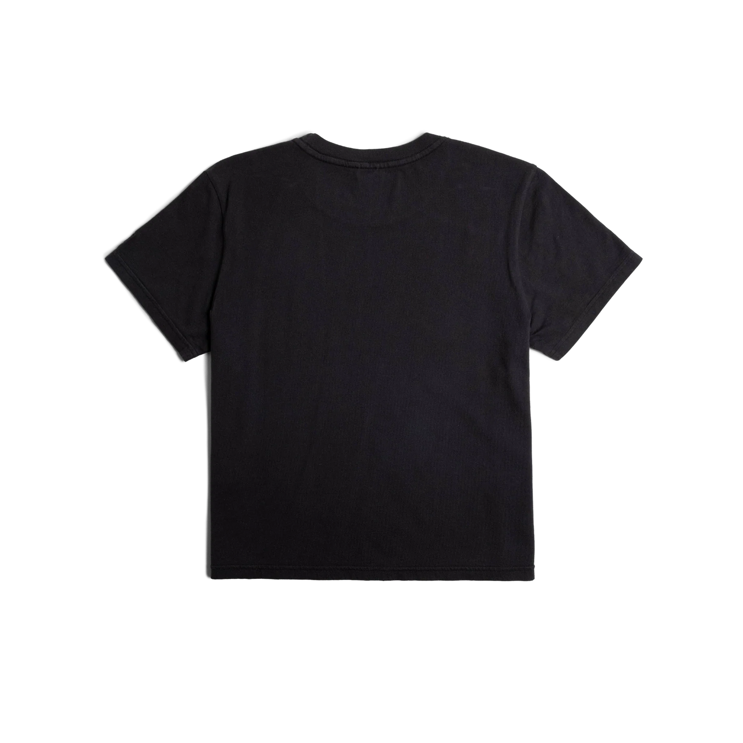 Back flat lay image on white background of Topo Designs Dirt Tee - Women's in "Black"