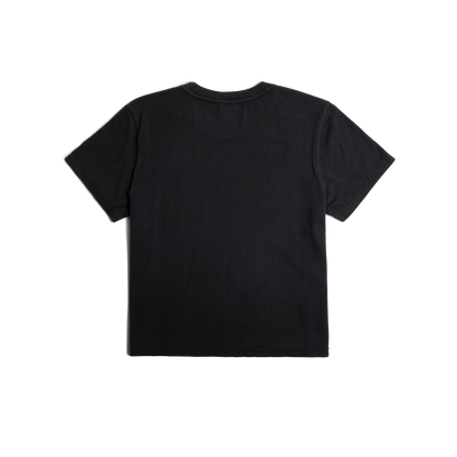 Back flat lay image on white background of Topo Designs Dirt Tee - Women's in "Black"
